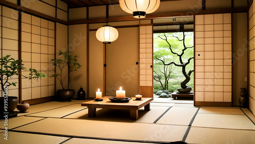 A serene meditation room with candles, soft lighting, and a peaceful view of a calming garden photo