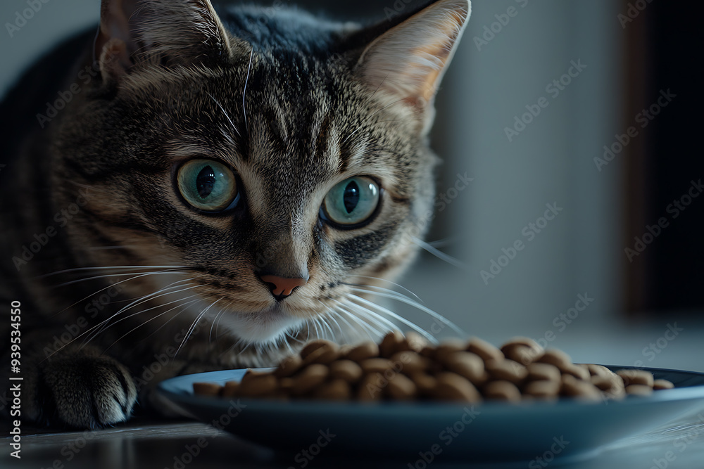 A cat next to cat food, ideal for advertising cat food products. The image is perfect for showcasing nutrition and care for cats. A cat next to cat food, ideal for advertising cat food products. The image is perfect for showcasing nutrition and care for cats.