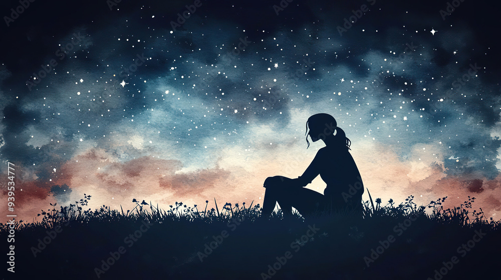 The silhouette of a woman sitting in a field, gazing at the starry night sky. Generated by AI. The silhouette of a woman sitting in a field, gazing at the starry night sky. Generated by AI.