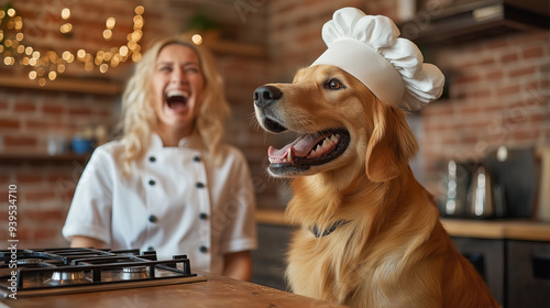 Fototapeta Naklejka Na Ścianę i Meble -  Cheerful Female Chef and Golden Retriever in Chef's Hat in Kitchen Setting