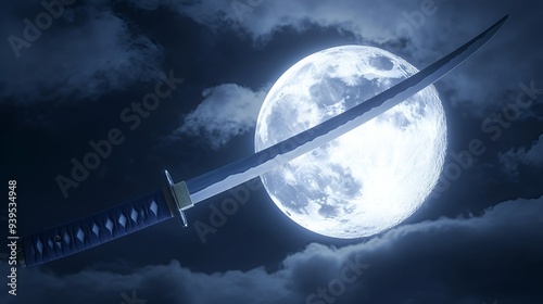 Elegant Moonlit Katana Featuring Luminous Blade, Isolated on White Background photo