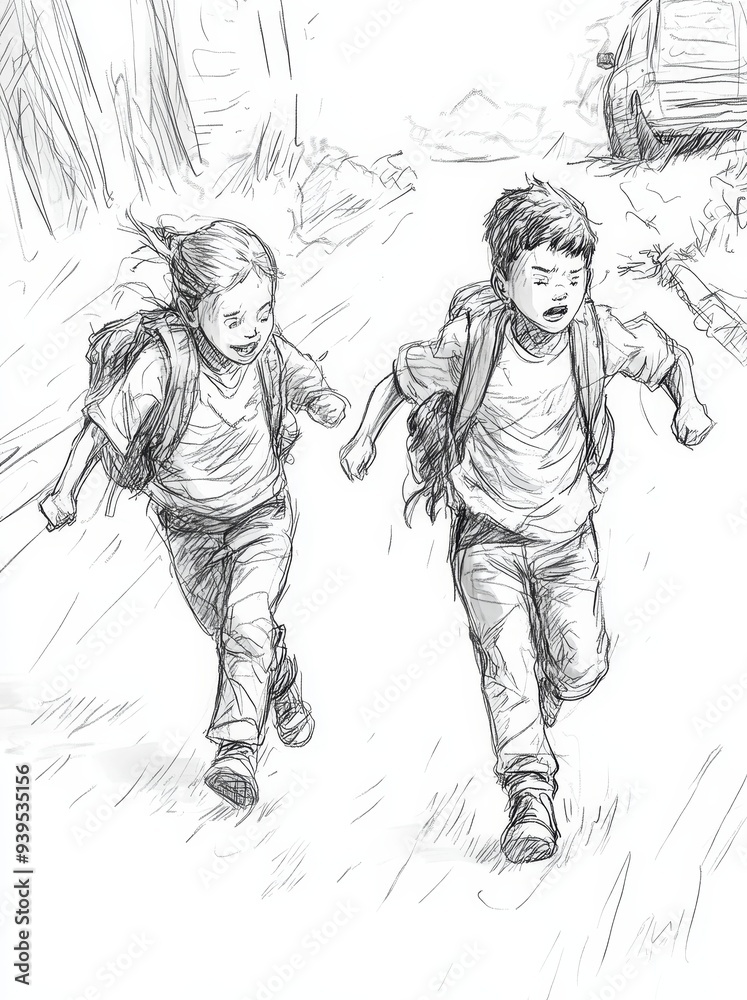 Sketch of the siblings going down the street, Generative AI Sketch of the siblings going down the street, Generative AI