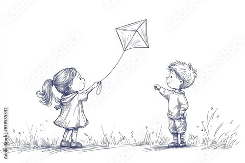 continuous line drawing little boy and girl flying kite. Siblings playing together. Kids  playing kite in playground. Children with kites game and they look happy. One line draw graphic, Generative AI