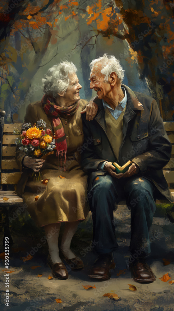 Elderly couple sitting on park bench, woman holding flowers, smiling warmly at each other