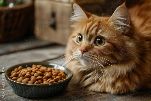 A cat next to cat food, ideal for advertising cat food products. The image is perfect for showcasing nutrition and care for cats.