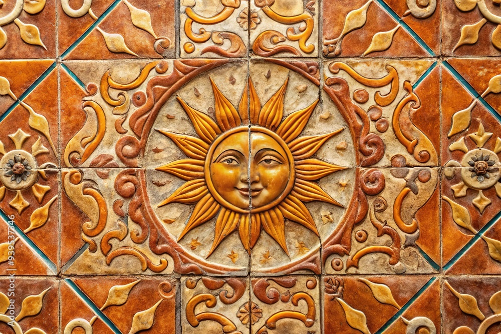 Obraz premium Sun-baked terracotta tiles evoke old-world charm with warm earthy tones and intricate patterns, hinting at Mediterranean influences and weathered textures.