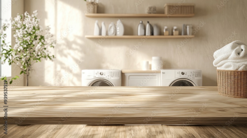 Laundry Room Counter. Empty Wooden Table Mockup in Beige Background for Cleaning Designs Laundry Room Counter. Empty Wooden Table Mockup in Beige Background for Cleaning Designs