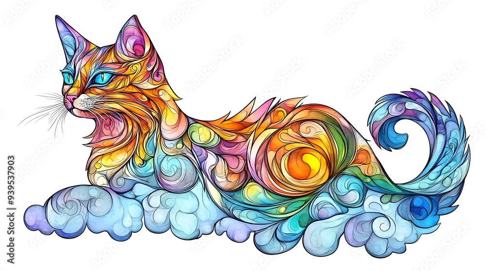 Whimsical Stained Glass Cat Design with Cloud Fur - Hand-drawn Watercolor Style on White Background