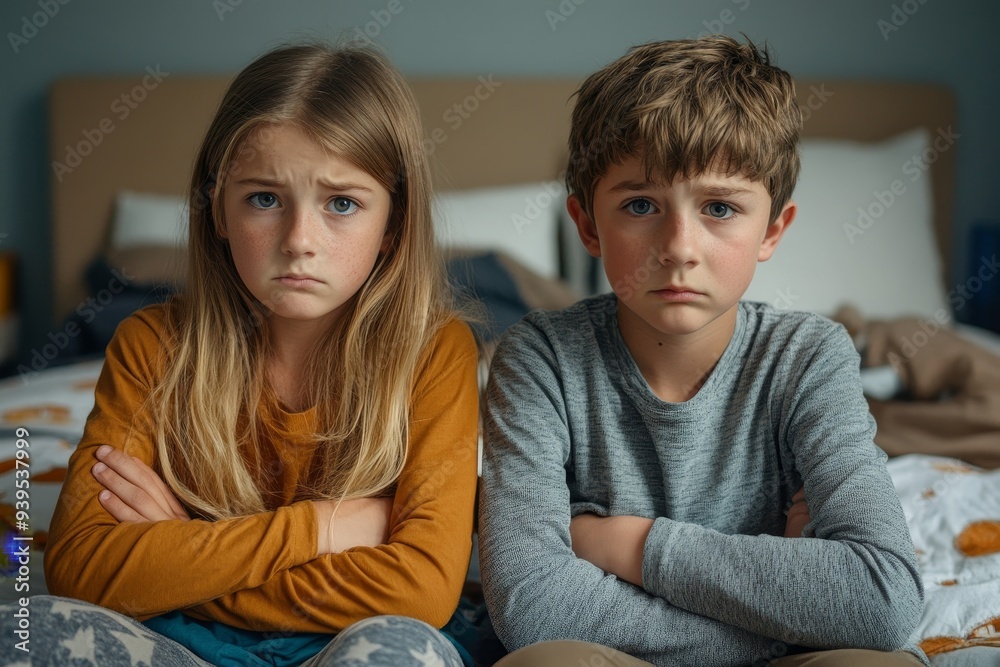 Sad siblings sitting with arms crossed in bedroom, Generative AI