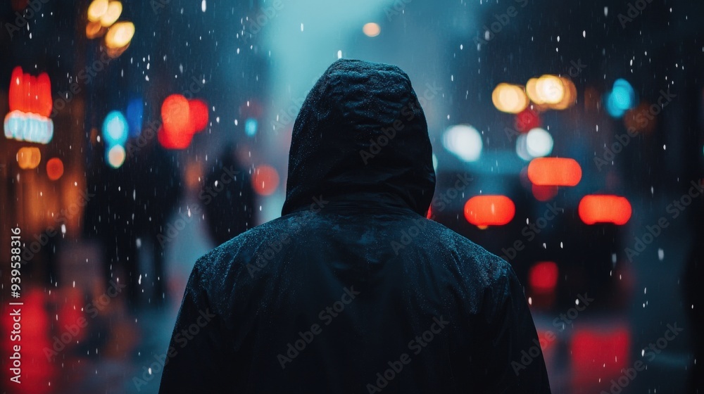 A person wearing a hooded jacket walks alone on a rainy city street, surrounded by reflections of colorful lights and blurred car headlights at night A person wearing a hooded jacket walks alone on a rainy city street, surrounded by reflections of colorful lights and blurred car headlights at night