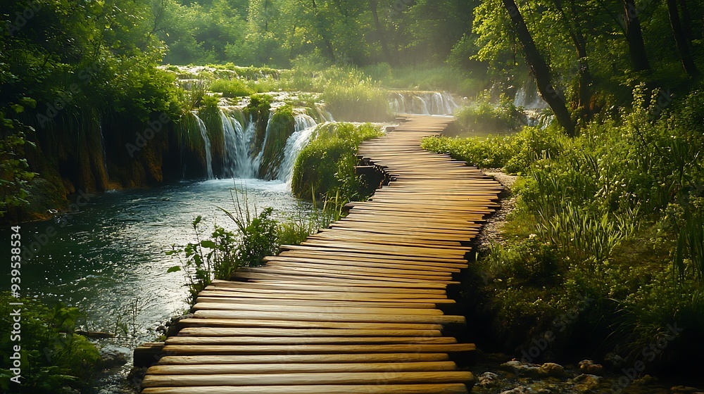 Obraz premium A wooden walkway beside a turquoise lake with a waterfall, surrounded by lush green trees and sunlight.