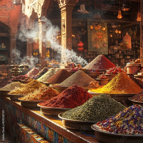 Fototapeta Naklejka Na Ścianę i Meble -  A Vibrant Display of Colorful Spices in a Market Illustration