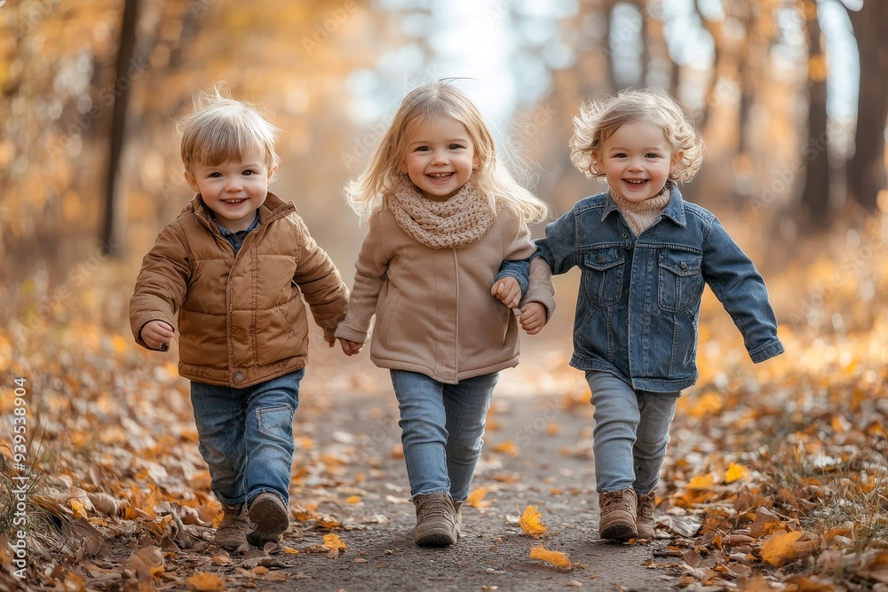 Portrait of three siblings children. Two kids brothers boys and little cute toddler sister girl having fun together in autumn park. Happy healthy family playing, walking, Generative AI Portrait of three siblings children. Two kids brothers boys and little cute toddler sister girl having fun together in autumn park. Happy healthy family playing, walking, Generative AI