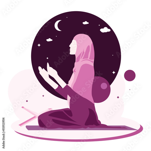 Cute muslimah purple girl praying seriuously side view at night modern noface design style vector illustration