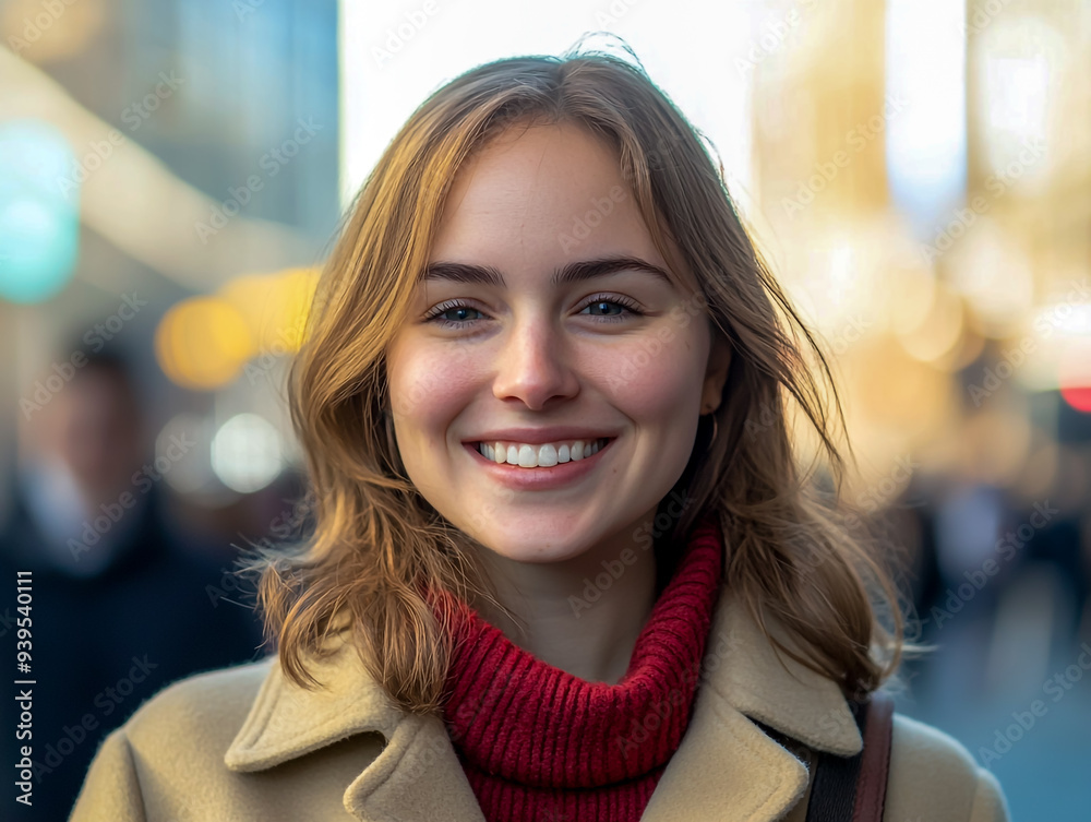 American female reporter smiling in a beige coat with a red collar, in the city center. American female reporter smiling in a beige coat with a red collar, in the city center.
