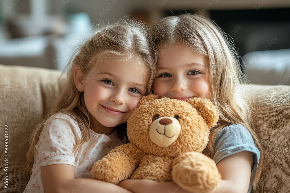 Family, children hug and portrait of girls on sofa in living room while holding teddy bear. Love, care and happy kids, sisters and siblings bonding, embrace and hugging on couch in lounge,GenerativeAI Family, children hug and portrait of girls on sofa in living room while holding teddy bear. Love, care and happy kids, sisters and siblings bonding, embrace and hugging on couch in lounge,GenerativeAI