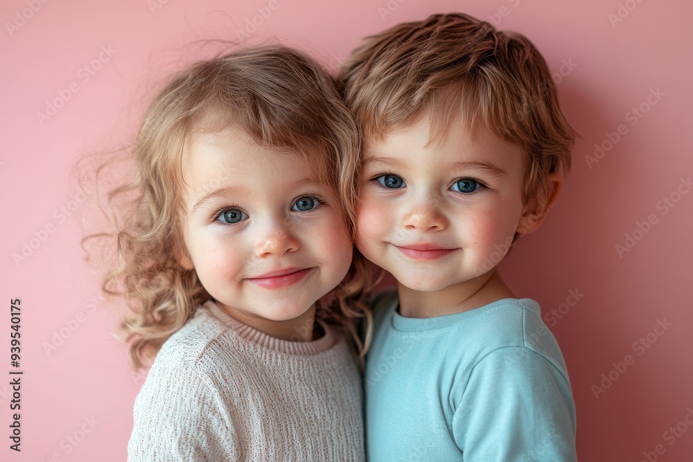 Cute little brothers standing on yellow background, Generative AI Cute little brothers standing on yellow background, Generative AI