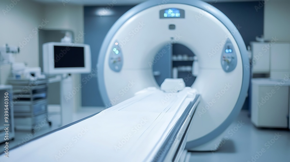 A white MRI machine in a light-blue hospital room. A white MRI machine in a light-blue hospital room.