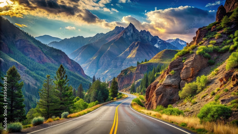 Naklejka premium Mountain road winding through scenic mountains , mountain, road, mountains, landscape, travel, nature, scenic, adventure