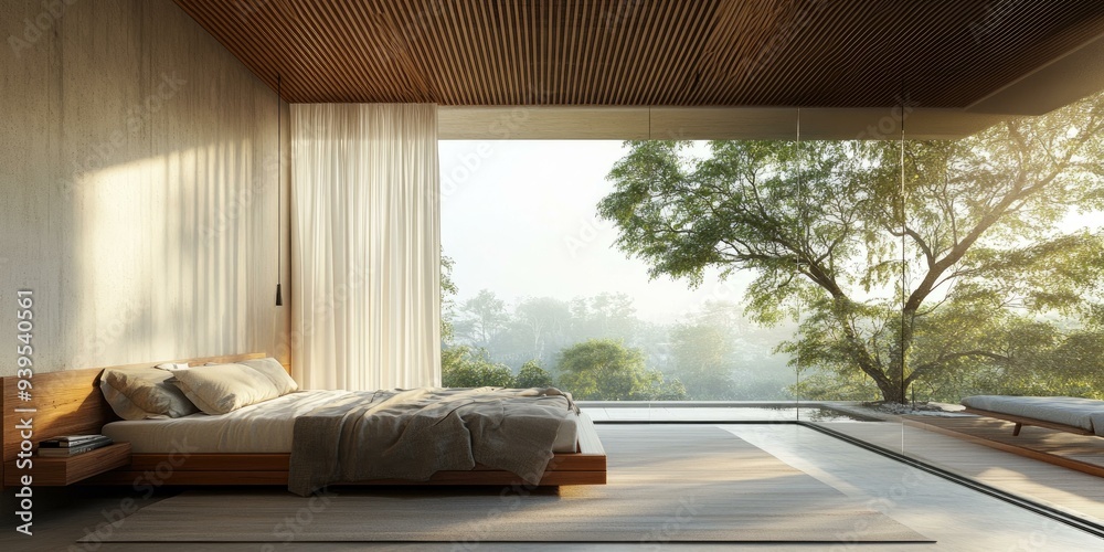 Modern bedroom with large window and forest view. Modern bedroom with large window and forest view.