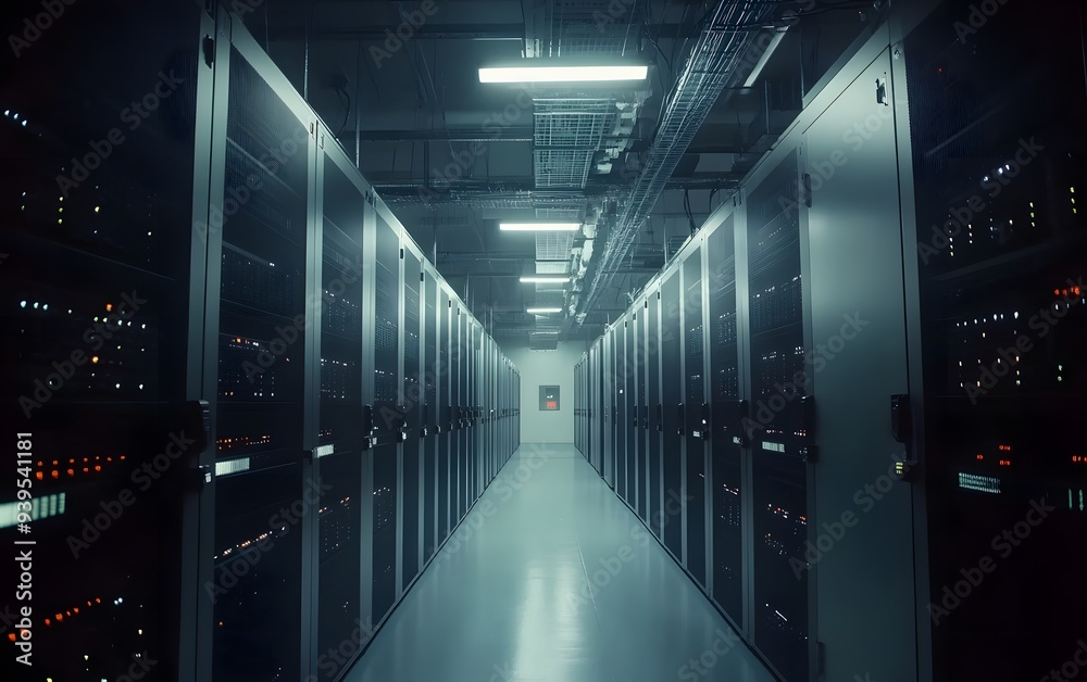 A modern data center filled with racks of servers, technology and cybersecurity concept A modern data center filled with racks of servers, technology and cybersecurity concept