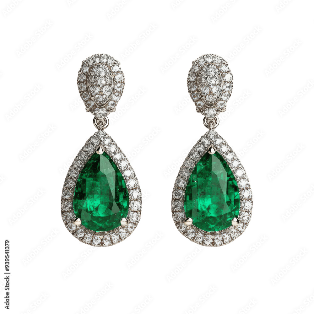 Green emerald pear shape earrings decorated with diamonds on transparent background Green emerald pear shape earrings decorated with diamonds on transparent background