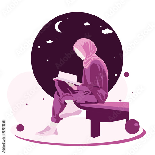 Cute genz muslimah girl reading book and pray while sitting outdoor at night modern noface design style vector illustration