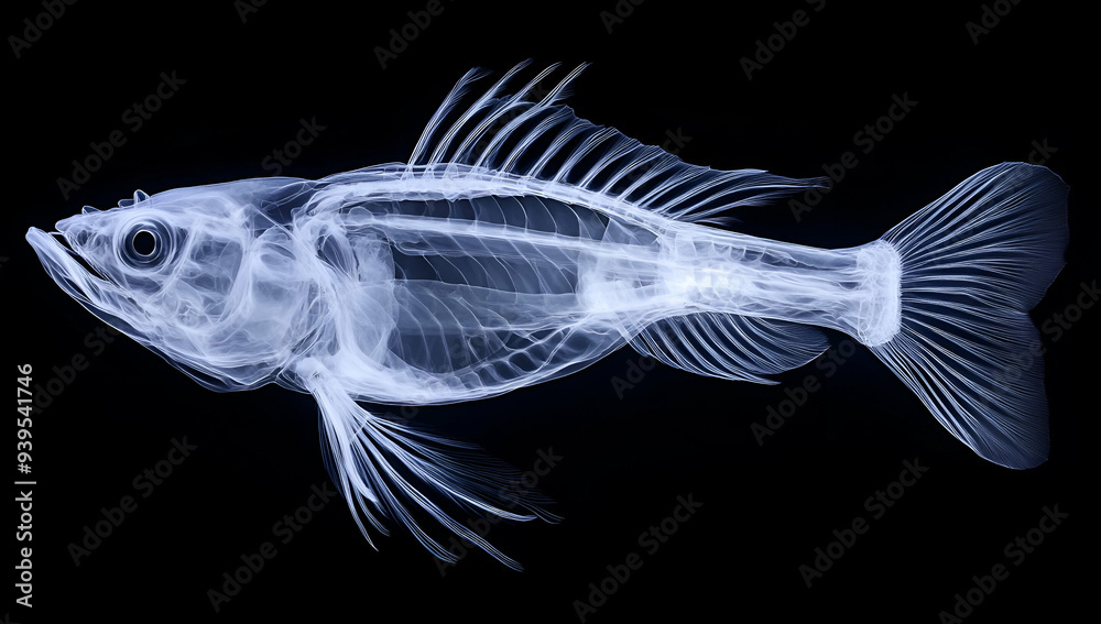 An artistic X-ray image showcasing the skeletal structure of a fish against a black background. An artistic X-ray image showcasing the skeletal structure of a fish against a black background.