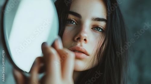 A girllooking into a round handheld mirror and her hands are on her face. photo