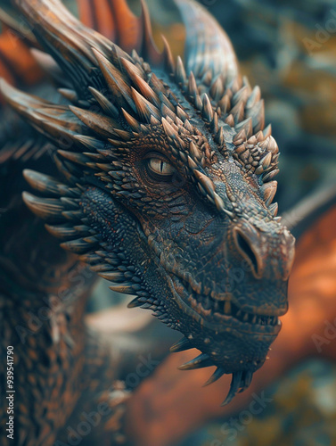 Close-up of a fierce, mythical dragon's face with detailed scales and intense eyes, set against a blurred background.