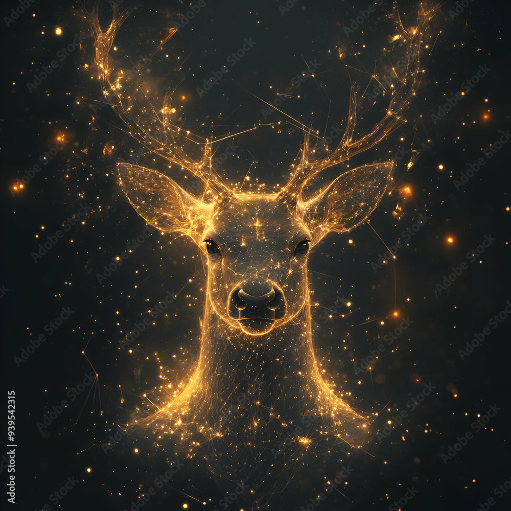 A mesmerizing golden deer silhouette surrounded by shimmering stars, evoking a sense of magic and wonder in a mystical landscape. A mesmerizing golden deer silhouette surrounded by shimmering stars, evoking a sense of magic and wonder in a mystical landscape.