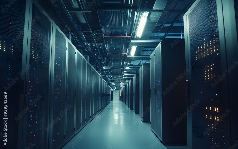 A modern data center filled with racks of servers, technology and cybersecurity concept A modern data center filled with racks of servers, technology and cybersecurity concept