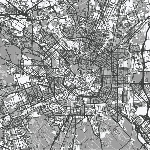 Map of Milan in Italy in grayscale. Contains layered vector with roads water, parks, etc.
