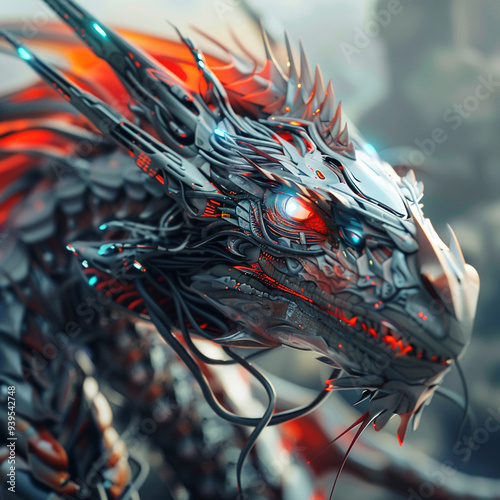 Futuristic cyber dragon with glowing red and blue eyes, showcasing intricate mechanical details and vibrant colors.