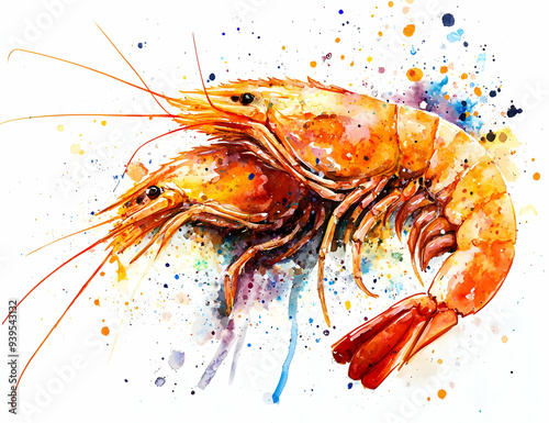 Wallpaper Mural A vibrant watercolor illustration of a shrimp against a colorful splash background, perfect for culinary and seafood themes. Torontodigital.ca