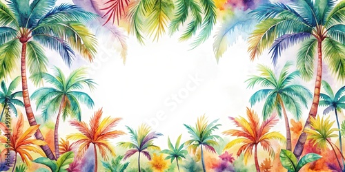 Exotic tropical palm tree border with vibrant watercolor design for summer clipart , exotic, watercolor, tropical, frame