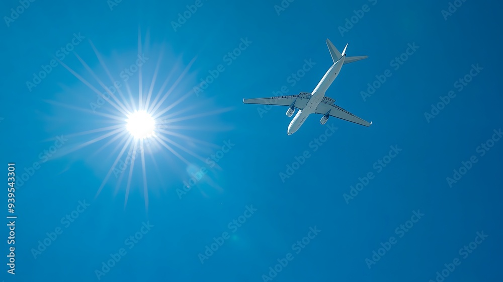 A white airplane is flying high in a clear, bright blue sky with a sun. A white airplane is flying high in a clear, bright blue sky with a sun.