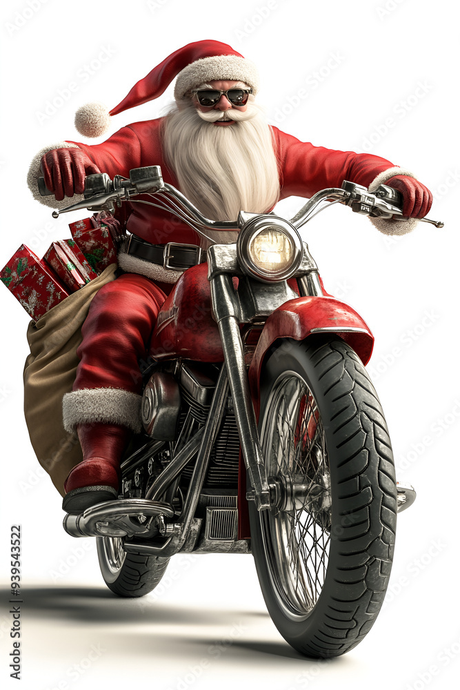 Fototapeta premium Santa Claus riding a motorcycle with a sack of gifts