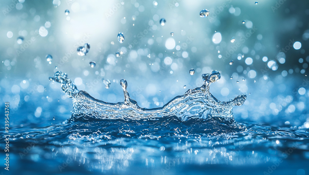 Captivating water splash with droplets against a soft blue background, perfect for showcasing freshness and purity. Captivating water splash with droplets against a soft blue background, perfect for showcasing freshness and purity.