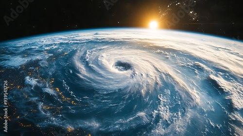 A large, swirling hurricane over Earth, seen from space.