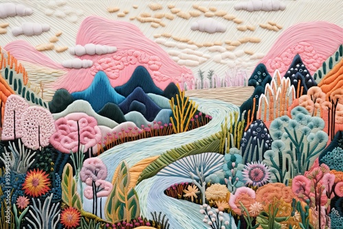Vintage Embroidery. Whimsical abstract landscapes romantic, dreamy, elegant