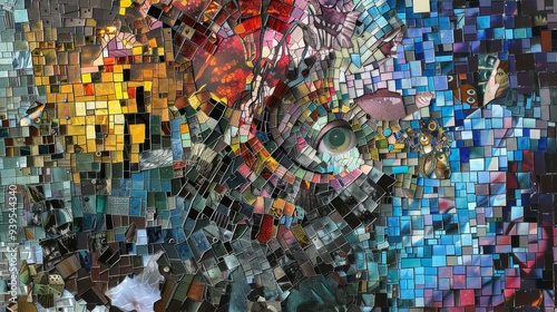 A vibrant mosaic artwork made up of numerous small tiles, creating abstract patterns and unique shapes in a visually stimulating composition. photo