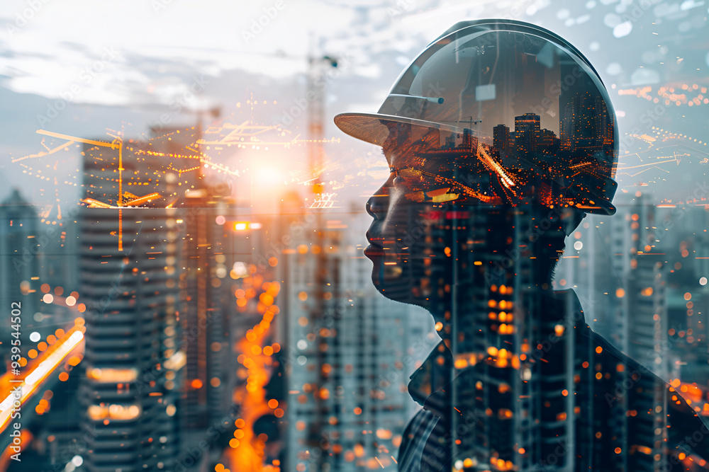 Double exposure of a construction worker and city skyline, symbolizing urban growth Double exposure of a construction worker and city skyline, symbolizing urban growth