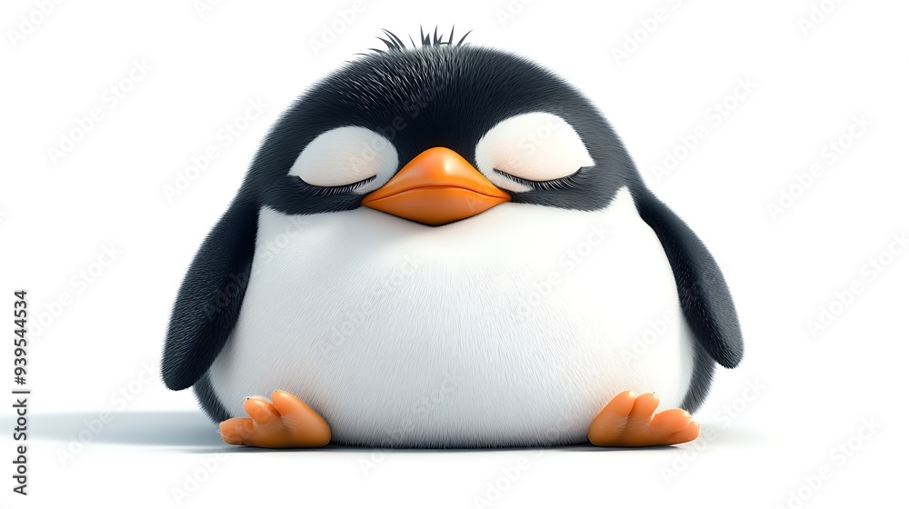 Obraz premium Dreamy 3D Render of Plump Penguin Snoozing Against White Background
