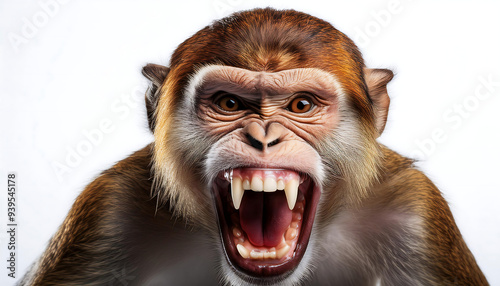 aggressive monkey displaying fierce grin white background