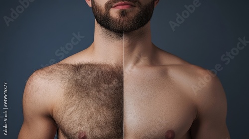 A striking visual portrays the difference before and after hair removal on a man's chest, photo of male breasts before and after hair removal with wax, sugar, depilation, laser hair removal, sugaring photo