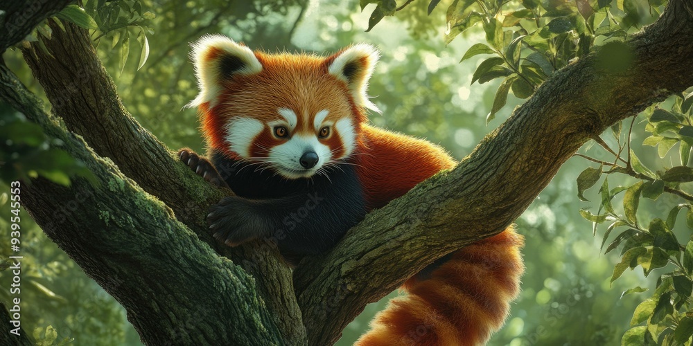 Red panda perched on tree branch in forest. Red panda perched on tree branch in forest.