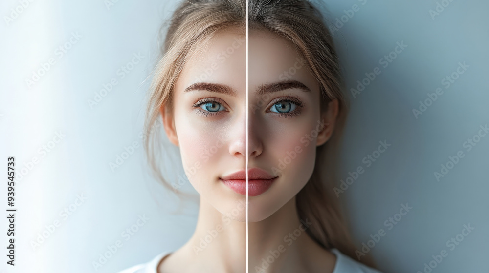 The picture showcases a woman's face split down the middle, emphasizing contrasting beauty and features under soft, natural lighting, before after removal of moles, post-acne and acne The picture showcases a woman's face split down the middle, emphasizing contrasting beauty and features under soft, natural lighting, before after removal of moles, post-acne and acne