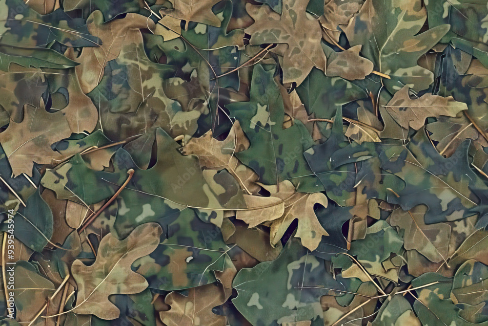 Detailed close-up of a camouflage pattern with mixed shades of green, brown, and black for outdoor use Detailed close-up of a camouflage pattern with mixed shades of green, brown, and black for outdoor use