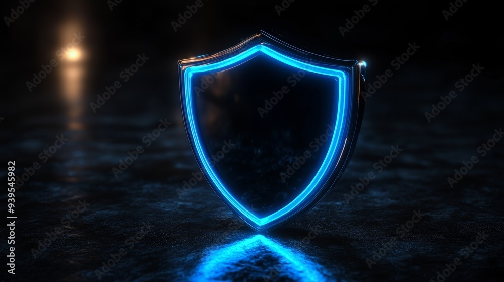 Fototapeta premium Illuminated Neon Shield on Dark Surface